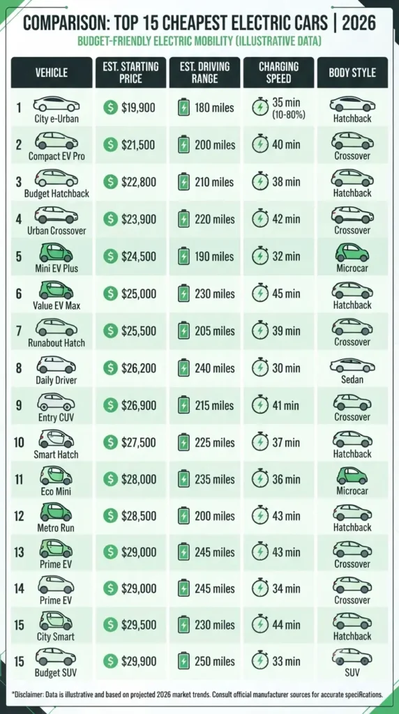 Comparison infographic of the cheapest electric cars in 2026