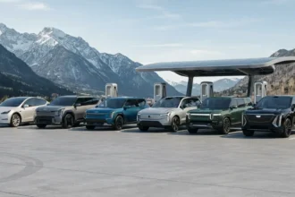 Modern electric SUVs from leading brands parked together with mountains and a charging station in the background.