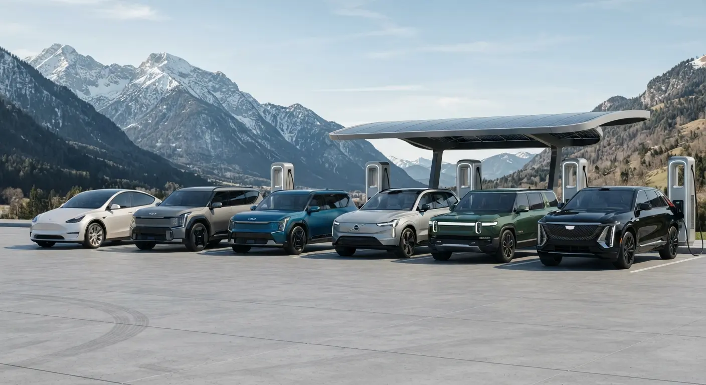 Modern electric SUVs from leading brands parked together with mountains and a charging station in the background.