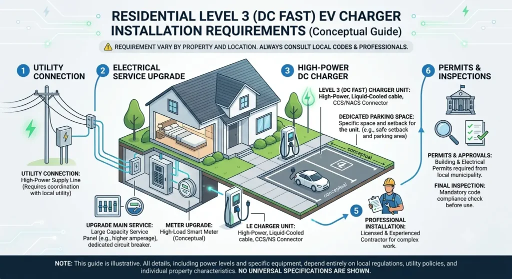 Level 3 EV charger home installation requirements infographic
