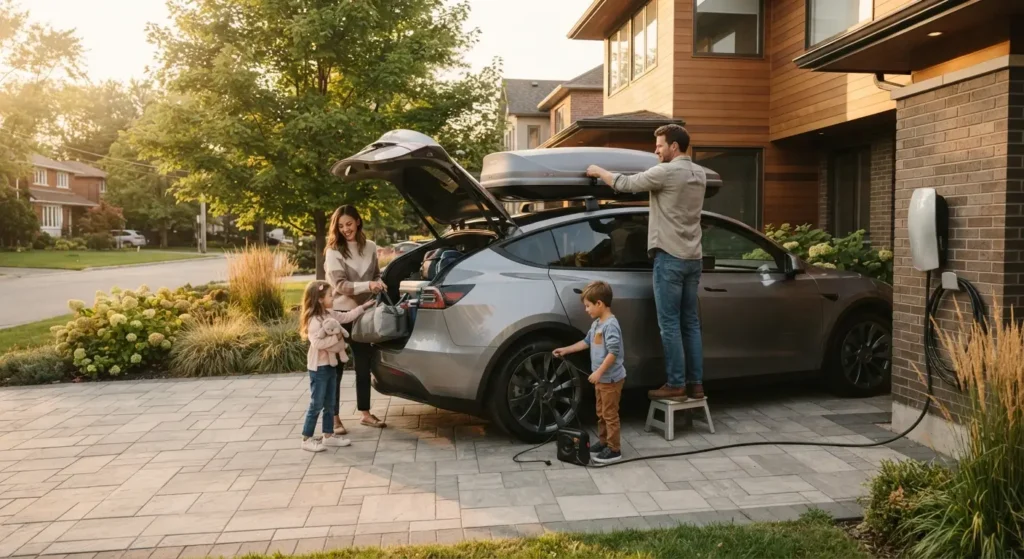 Family preparing a long range electric vehicle for a road trip
