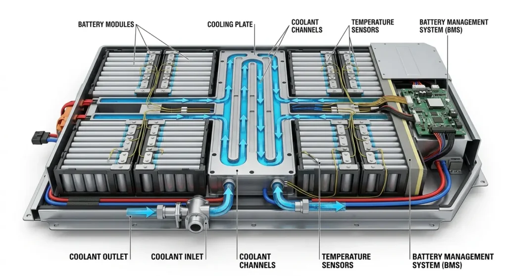 Liquid cooling system inside an EV battery pack