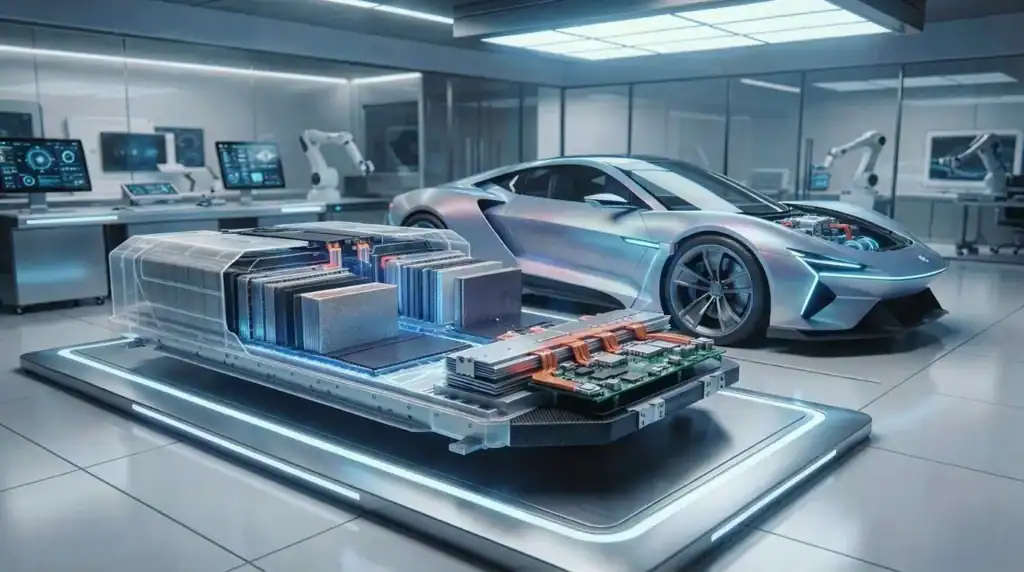 Solid-state electric vehicle battery technology illustration