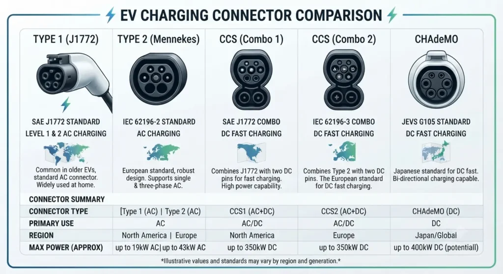 EV charging connector types including CCS NACS CHAdeMO and Type 2
