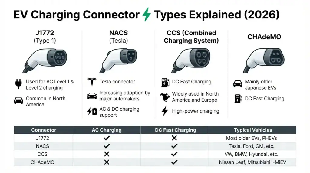 EV charging connector types infographic comparing J1772, NACS, CCS, and CHAdeMO connectors.