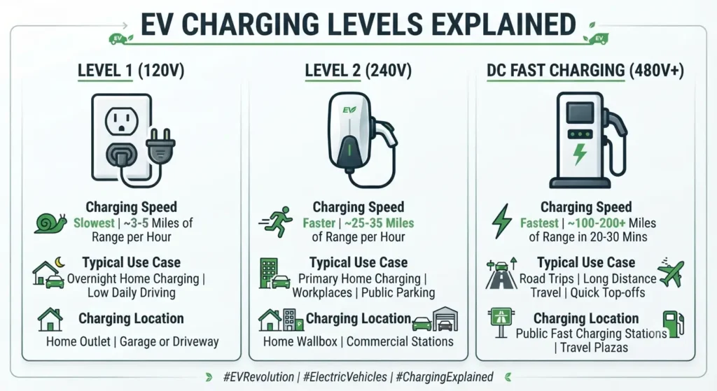 EV charging levels comparison showing Level 1 Level 2 and DC fast charging