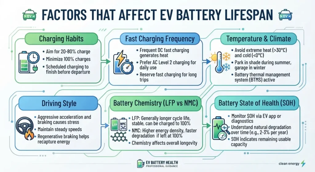Infographic showing factors affecting EV battery lifespan