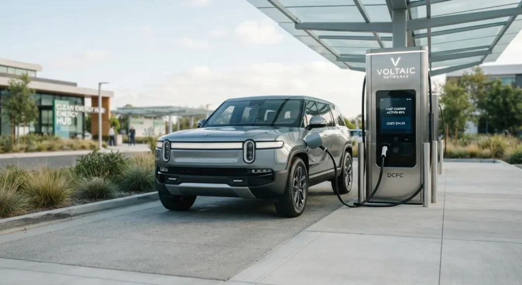 Electric SUV charging at a DC fast charging station