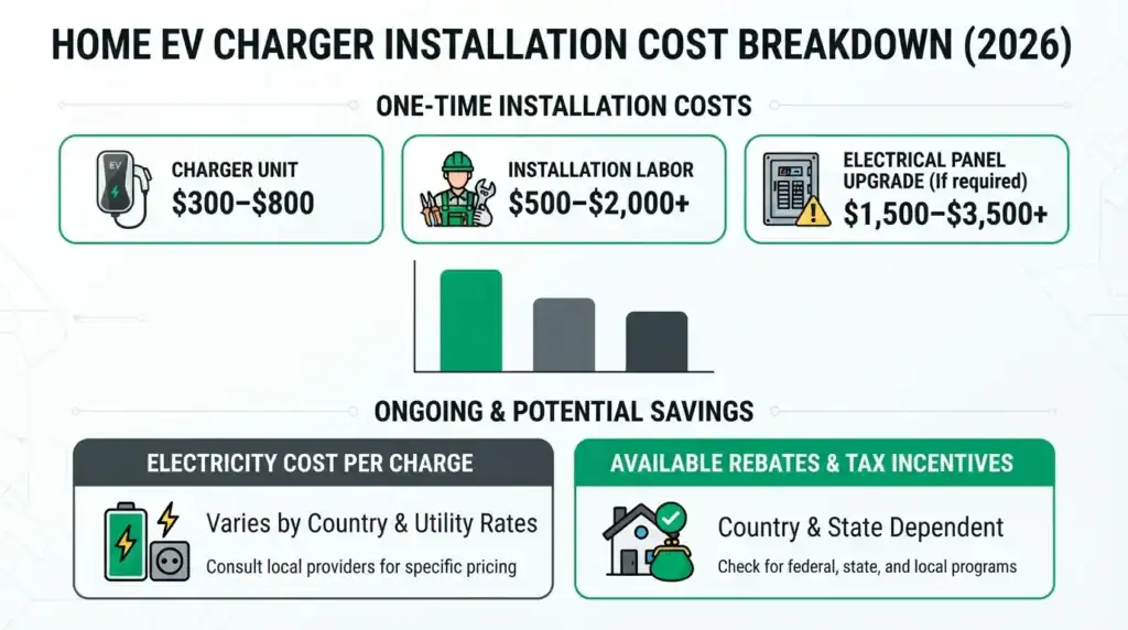 Home EV charger installation cost infographic with charger price, installation cost, and electrical upgrade estimates.