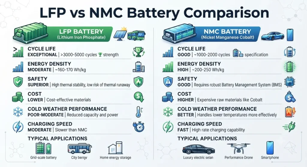 LFP vs NMC EV battery comparison infographic
