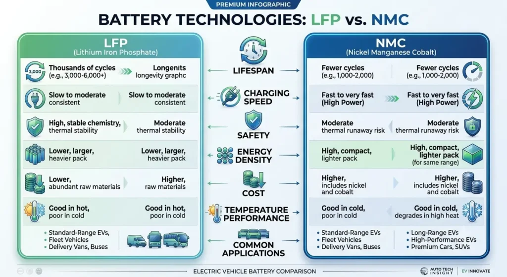 LFP vs NMC EV battery comparison infographic