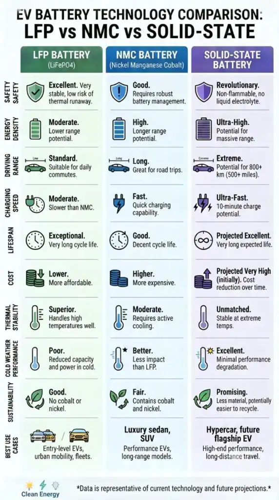 LFP vs NMC vs solid-state battery comparison infographic