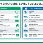 Level 1 vs Level 2 home EV charger comparison infographic showing charging speed, voltage, installation, and charging time.