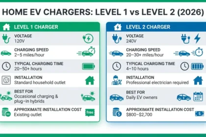 Level 1 vs Level 2 home EV charger comparison infographic showing charging speed, voltage, installation, and charging time.