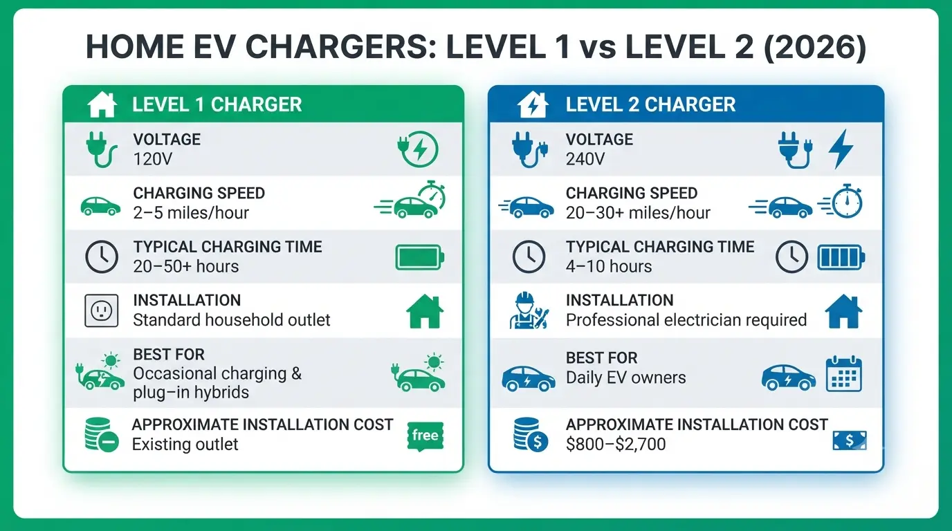 Level 1 vs Level 2 home EV charger comparison infographic showing charging speed, voltage, installation, and charging time.