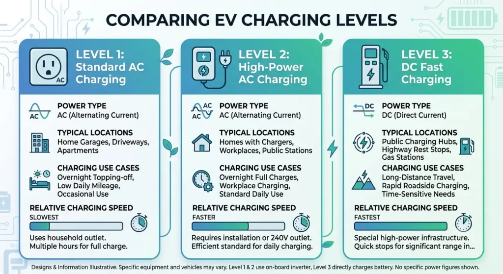 Level 1 vs Level 2 vs Level 3 EV charging comparison infographic