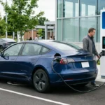 Level 3 EV charger charging an electric vehicle at a public charging station