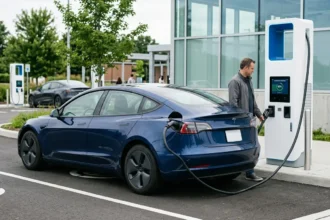 Level 3 EV charger charging an electric vehicle at a public charging station