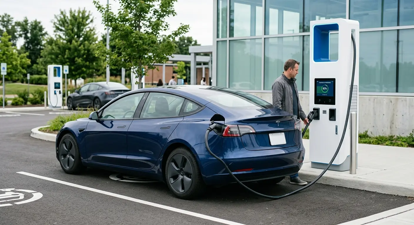 Level 3 EV charger charging an electric vehicle at a public charging station