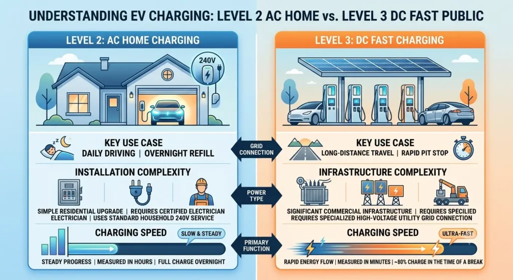 Level 3 vs Level 2 EV charging comparison for home and road trips