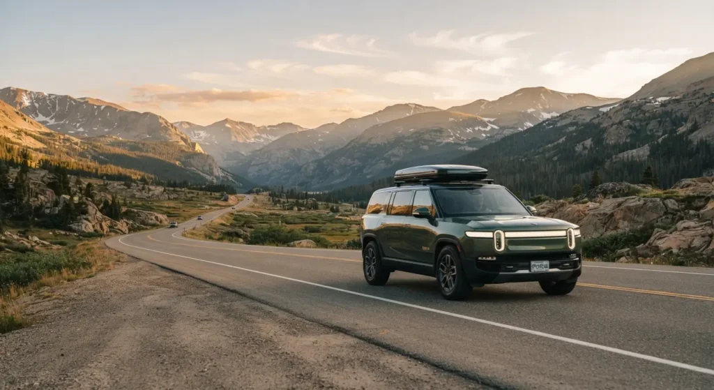 Long range electric SUV driving on highway