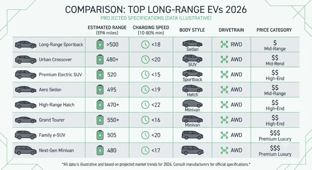Infographic comparing longest range EVs by range charging speed and body type