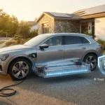 EV battery warranty illustration showing electric SUV with battery protection concept