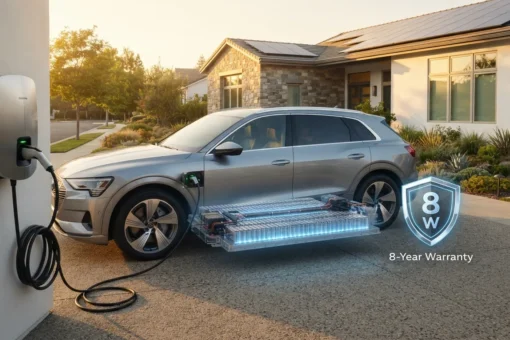 EV battery warranty illustration showing electric SUV with battery protection concept