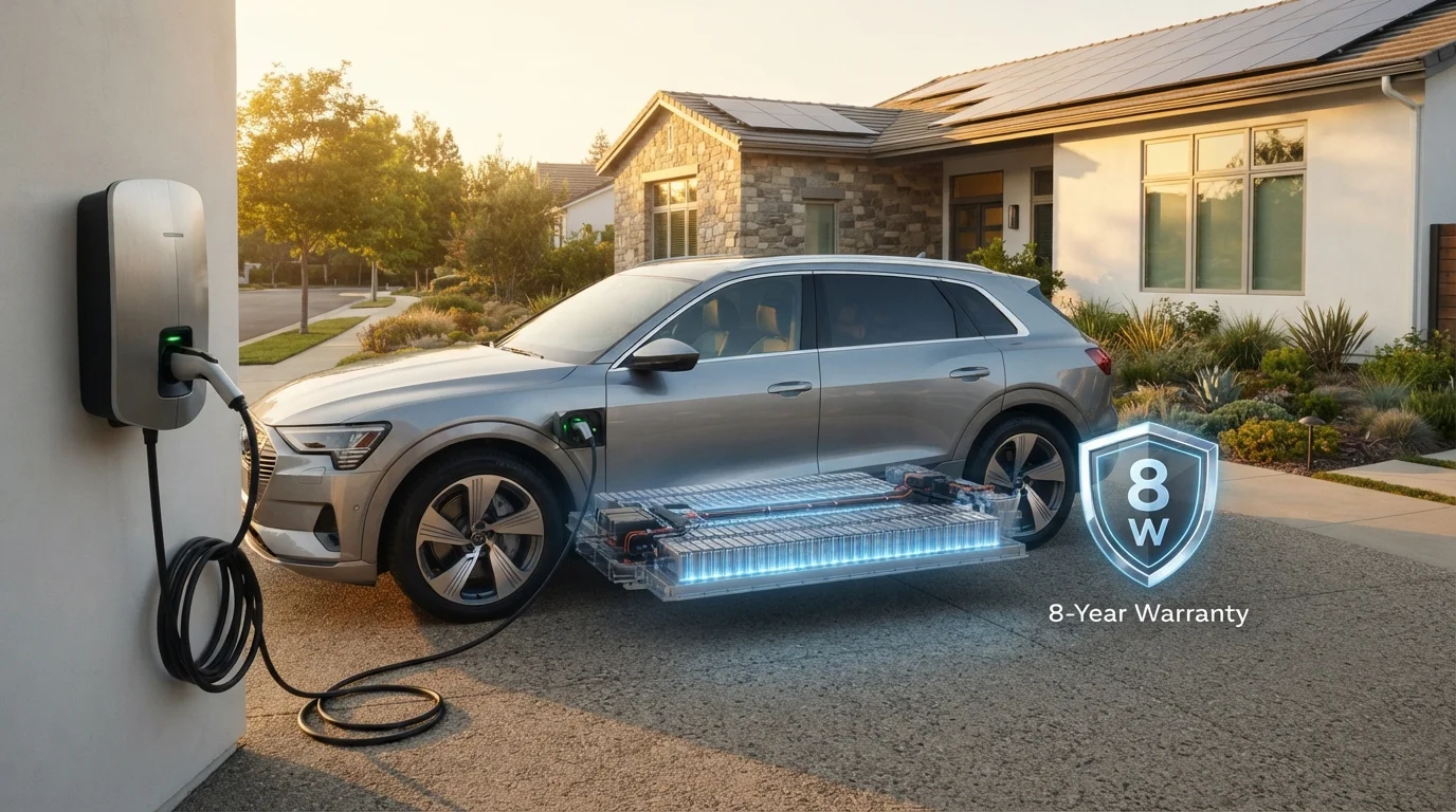 EV battery warranty illustration showing electric SUV with battery protection concept
