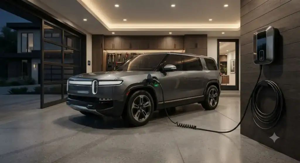 Modern home garage with a Level 2 electric vehicle charger charging an electric SUV overnight.