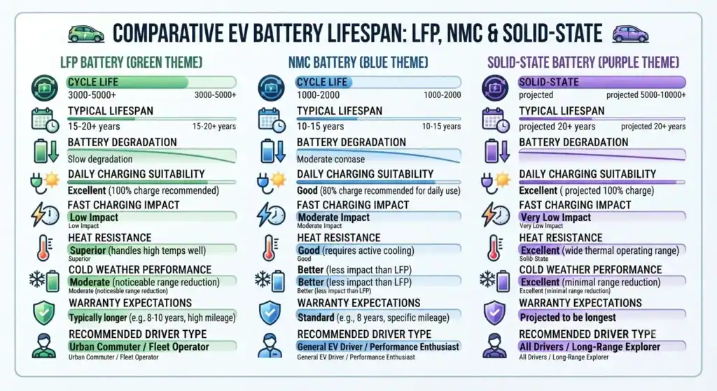 EV battery lifespan comparison infographic for LFP NMC and solid-state batteries