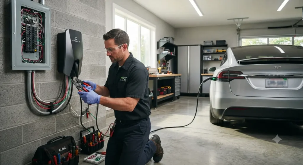 Electrician installing a Level 2 electric car charger in a residential garage.