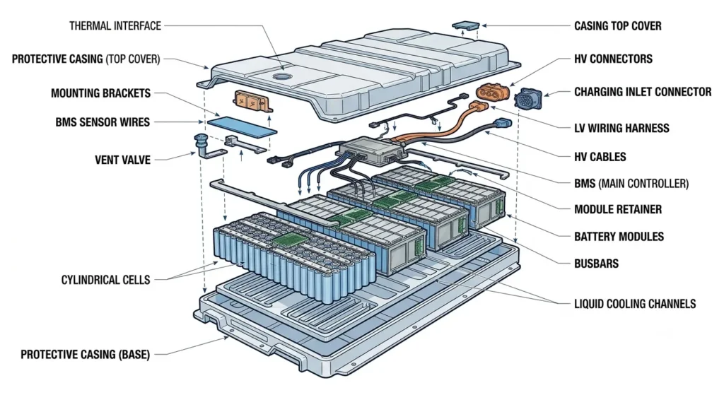 Components inside an electric vehicle battery pack