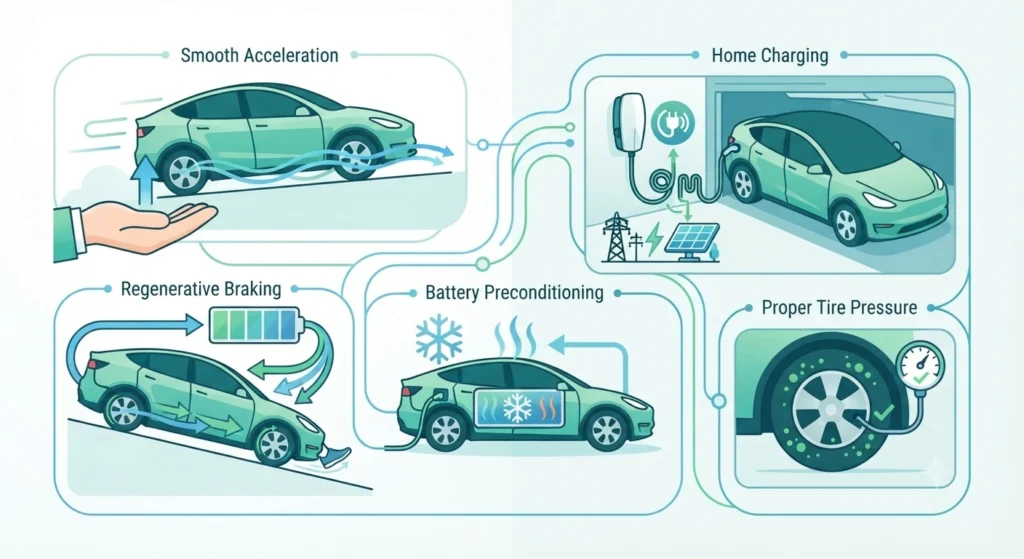 Illustration showing practical tips to increase electric vehicle driving range