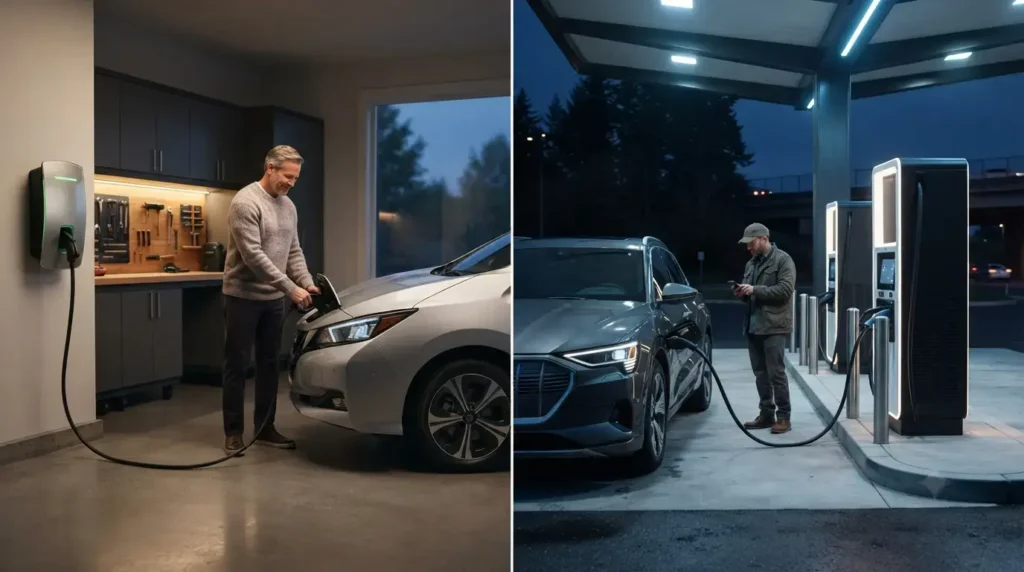 Family charging a used electric car at home