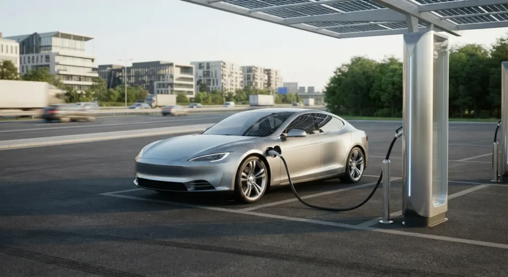 Electric vehicle connected to a DC fast charging station