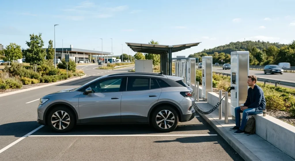 Electric car charging at a DC fast charging station