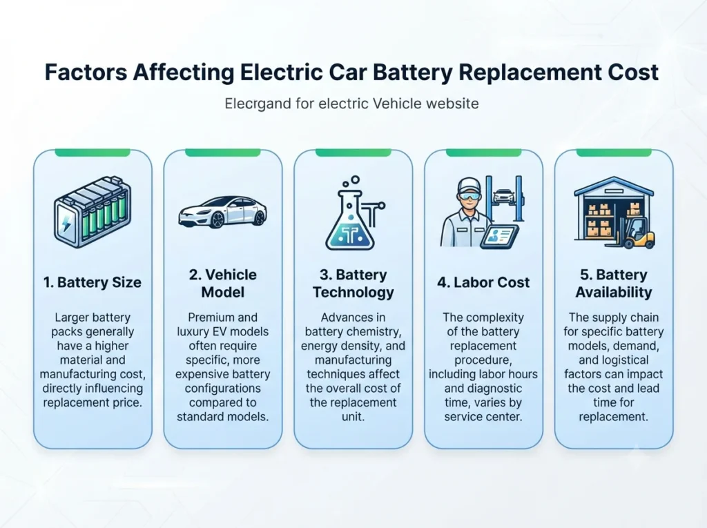 Factors affecting electric car battery replacement cost including battery size and vehicle model