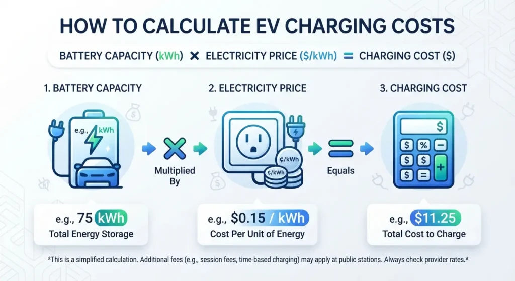 Electric car charging cost calculation based on battery size and electricity price