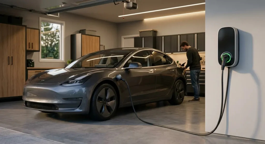 Electric car charging overnight with a home EV charger