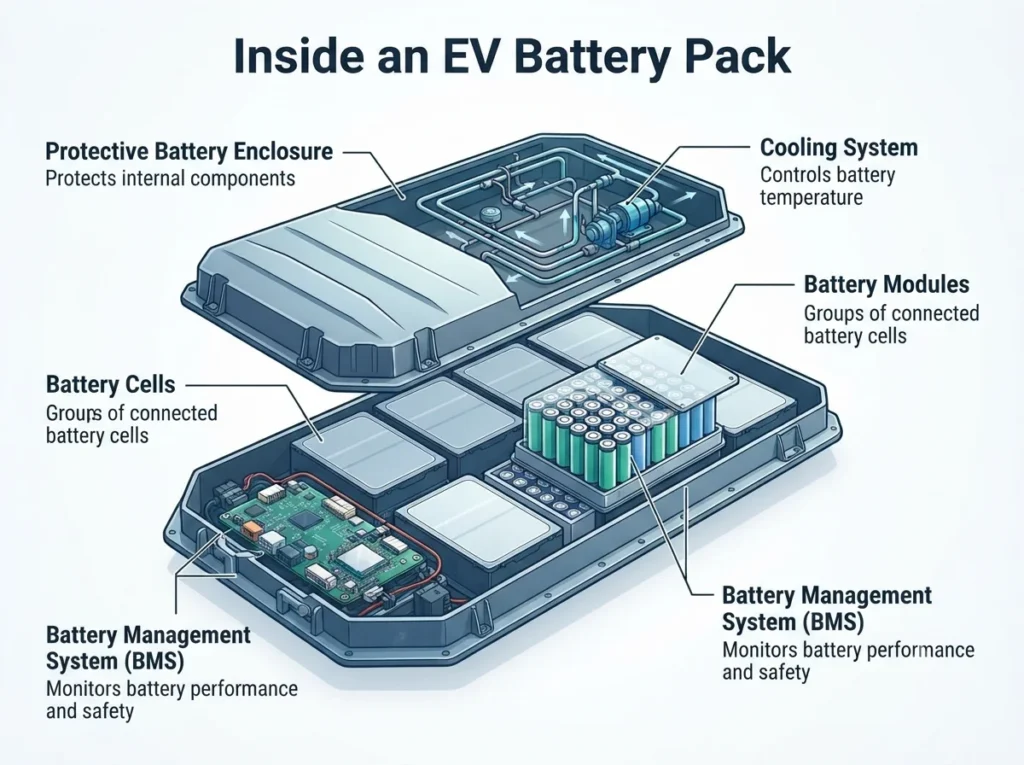 Electric vehicle battery pack components including battery cells and battery management system