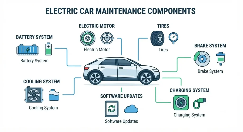 Electric vehicle maintenance components including battery motor and charging system