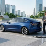 Electric car connected to an EV charging station showing electric vehicle charging time