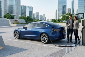 Electric car connected to an EV charging station showing electric vehicle charging time
