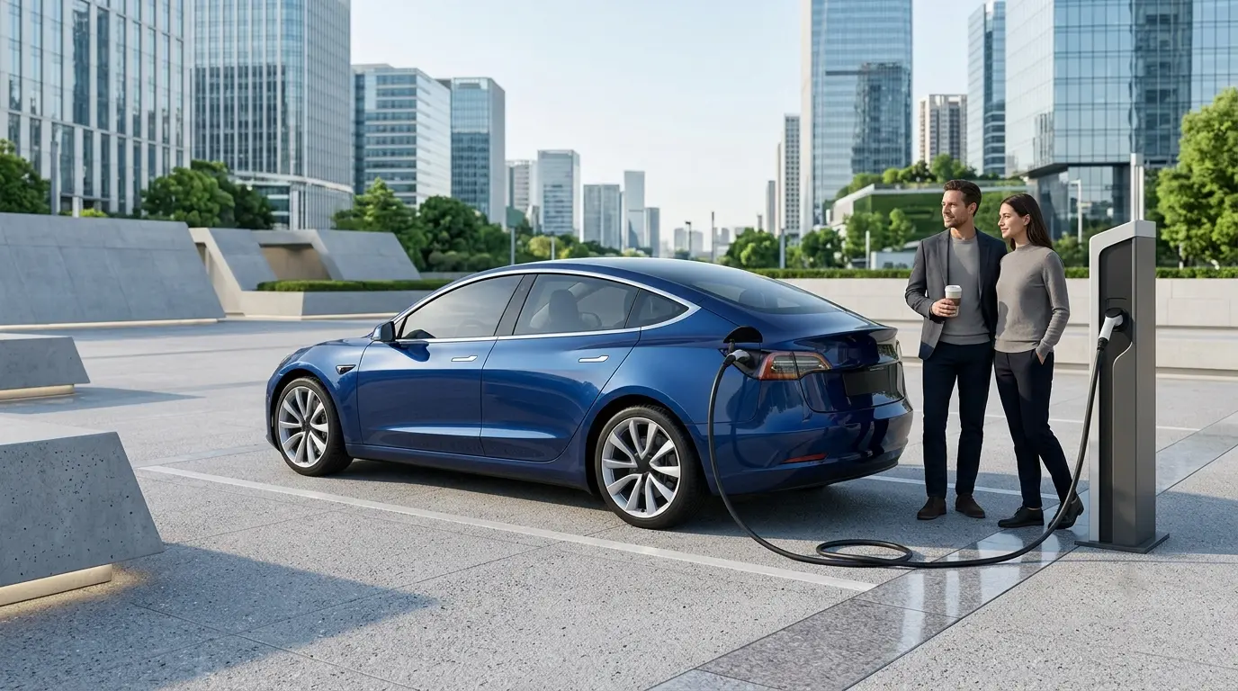 Electric car connected to an EV charging station showing electric vehicle charging time