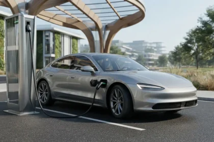 Electric car charging at an EV charging station showing electric vehicle charging cost