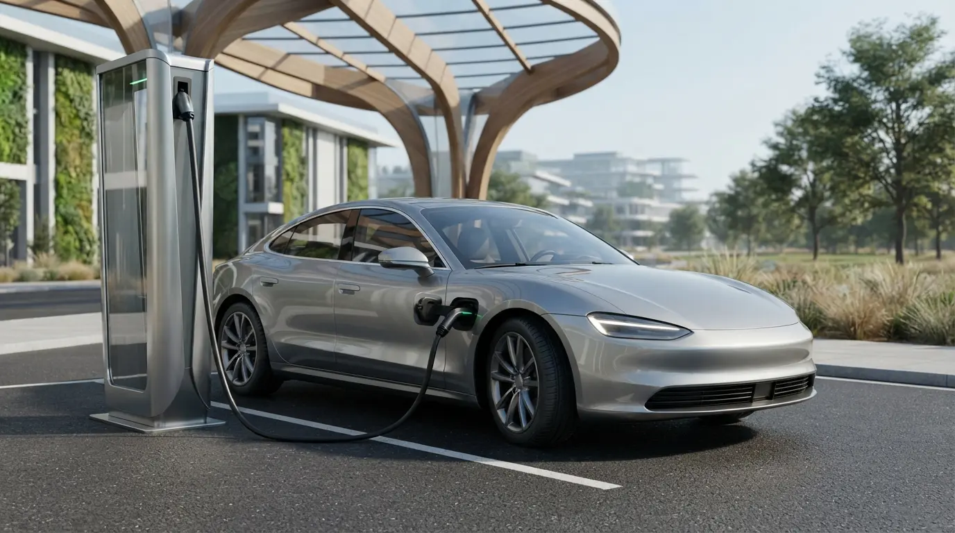 Electric car charging at an EV charging station showing electric vehicle charging cost