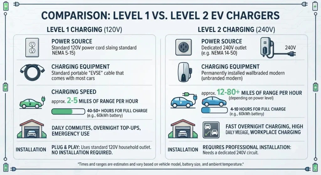 Comparison of Level 1 and Level 2 EV charging methods