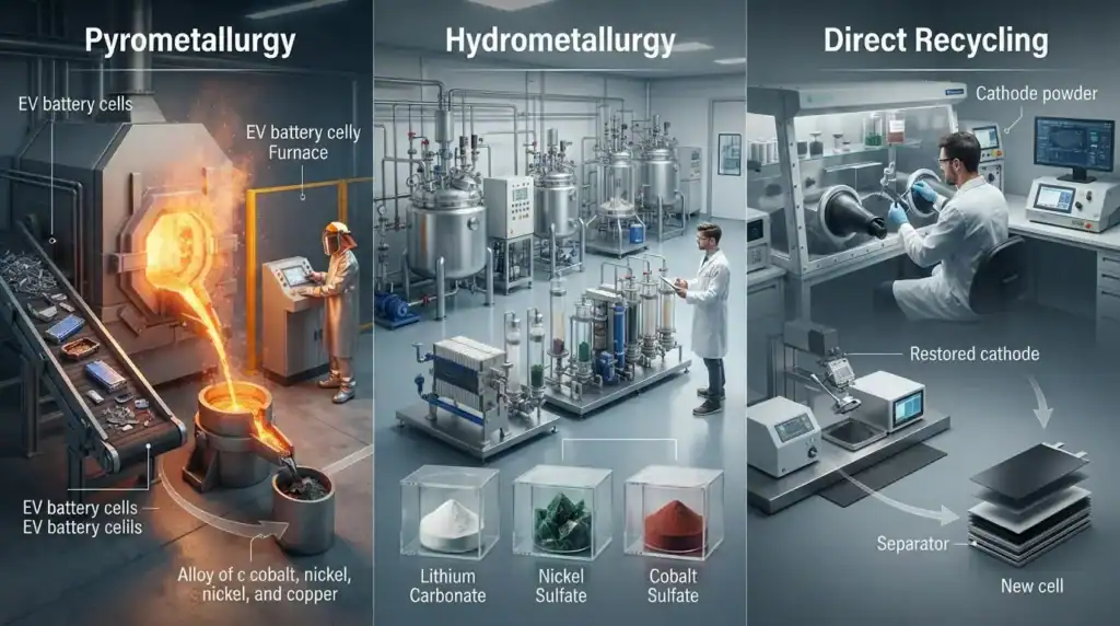Pyrometallurgy, hydrometallurgy, and direct lithium battery recycling methods