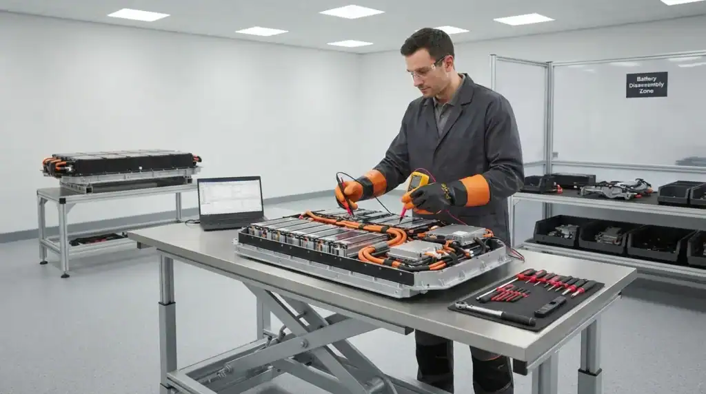 Technician safely inspecting an electric vehicle battery pack before recycling